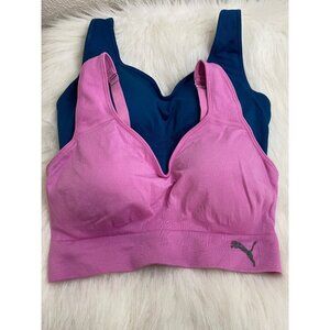 PUMA Women's 2 Pack Sports Bras Size Medium  Seamless Tag-Free, Pink, Blue